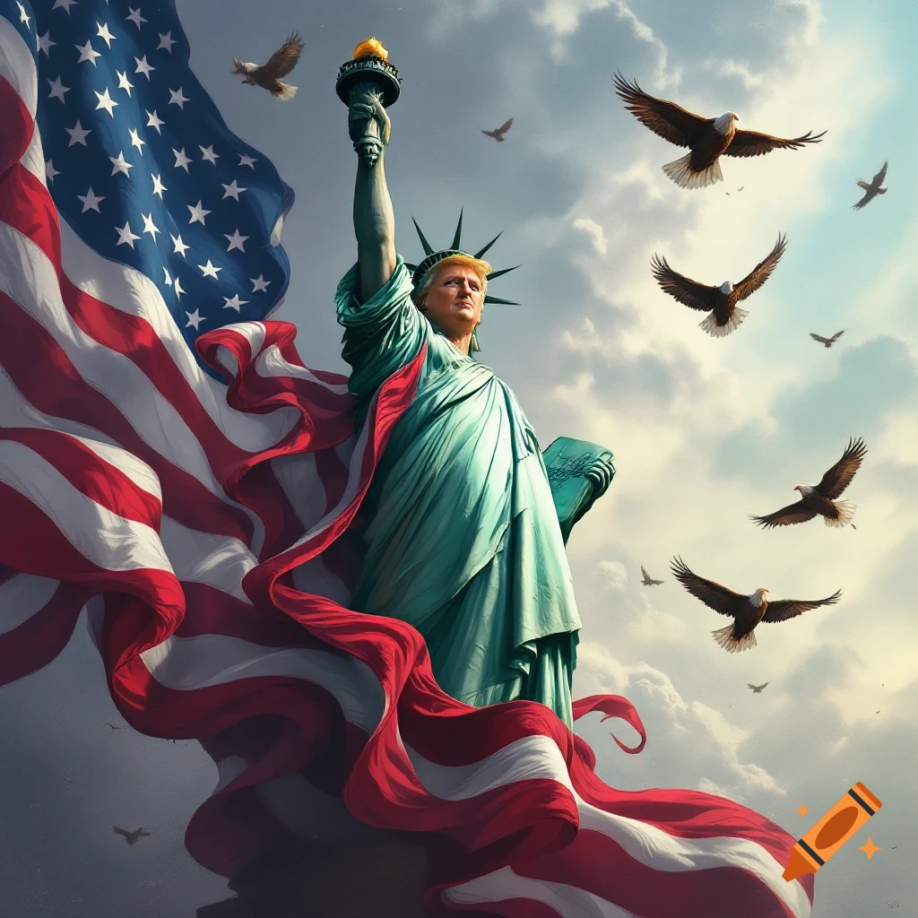 Donald Trump as the Statue of Liberty with Eagles and American Flag