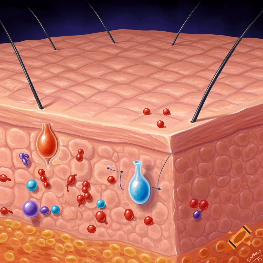 Illustration of a skin cross-section showing hair follicles, layers, and internal structures.