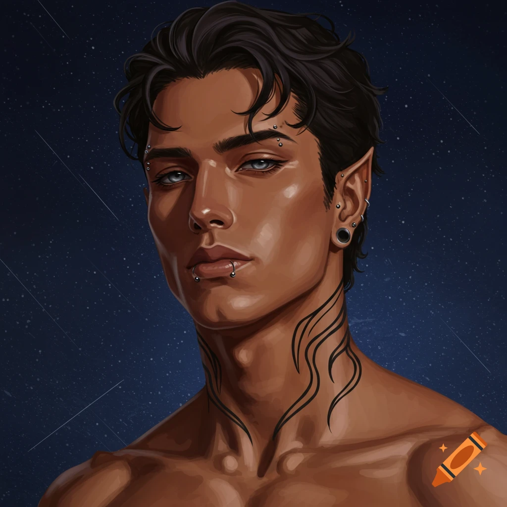 Digital portrait of a fantasy man with dark hair, silver eyes, piercings, tattoos, and elf ears against a starry background.