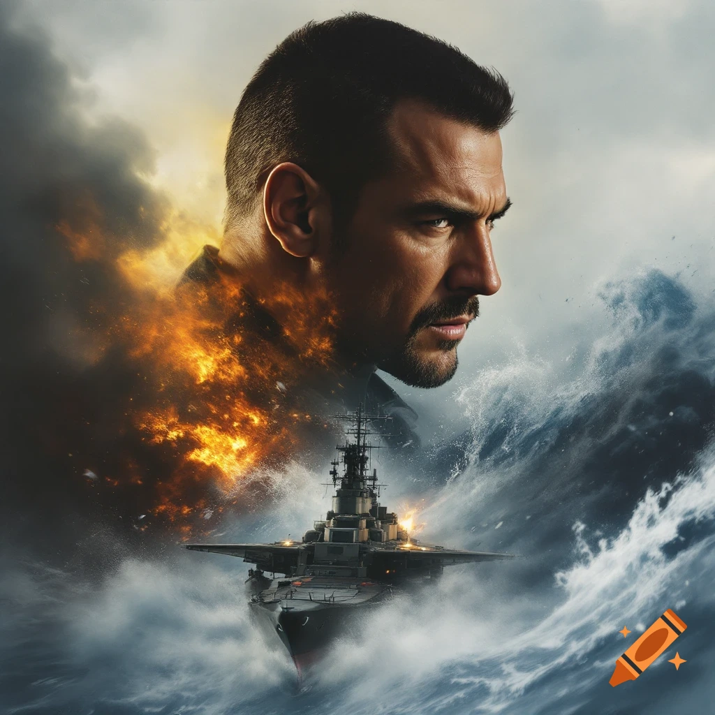 Dramatic movie poster featuring a man's profile overlaying a battleship engulfed in stormy seas and fire.