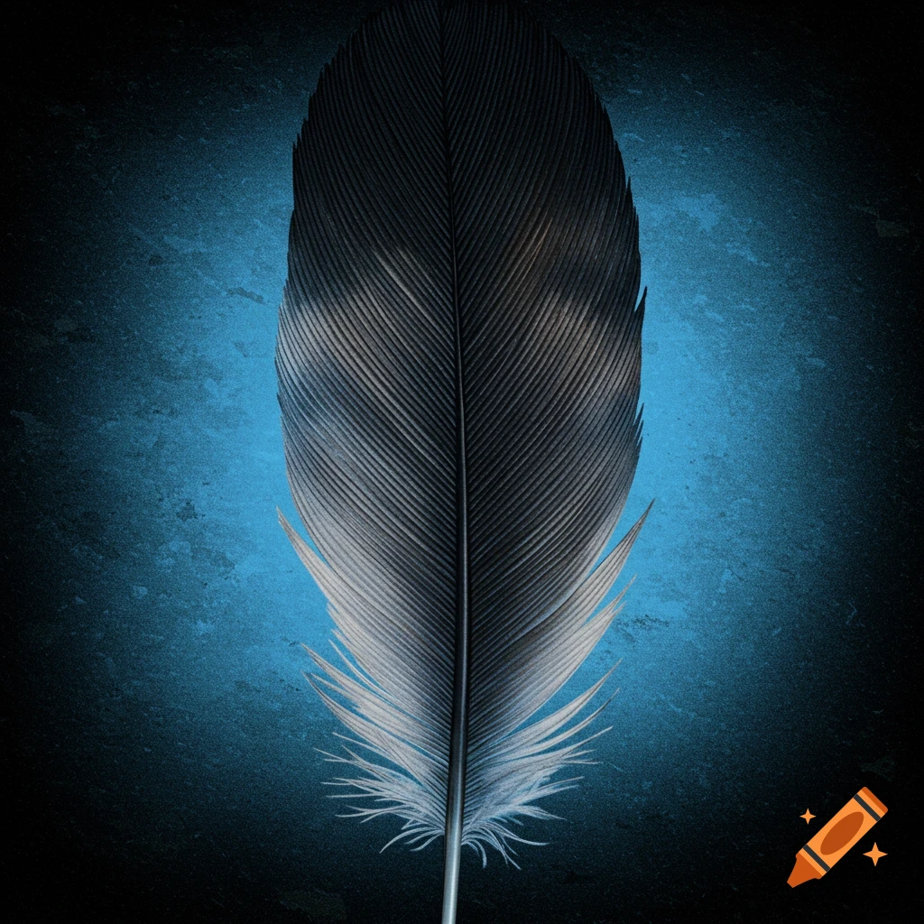 A detailed view of a dark feather against a textured blue and black background.