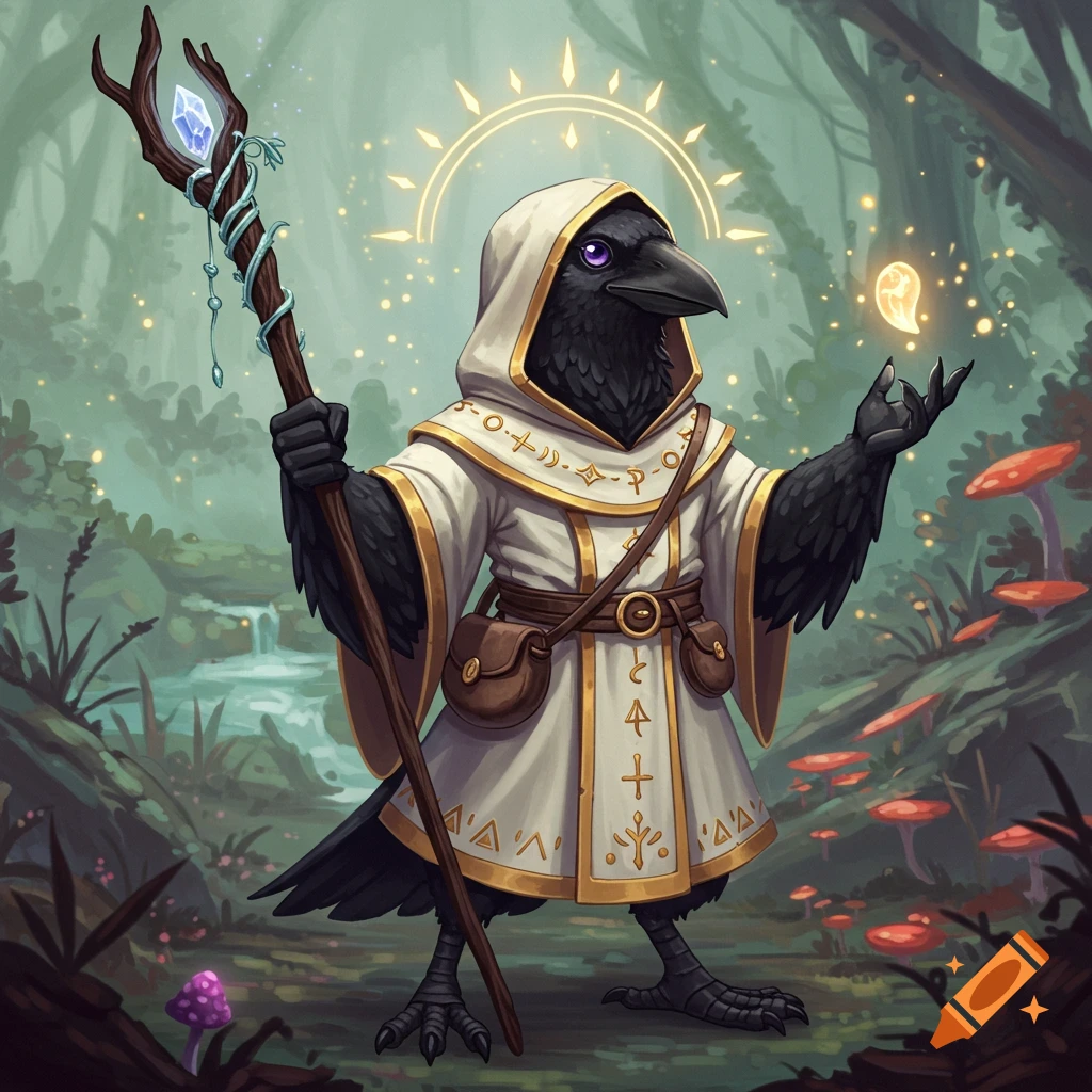 A fantasy illustration of a Kenku cleric in a white hooded robe holding a staff, standing in a forest.