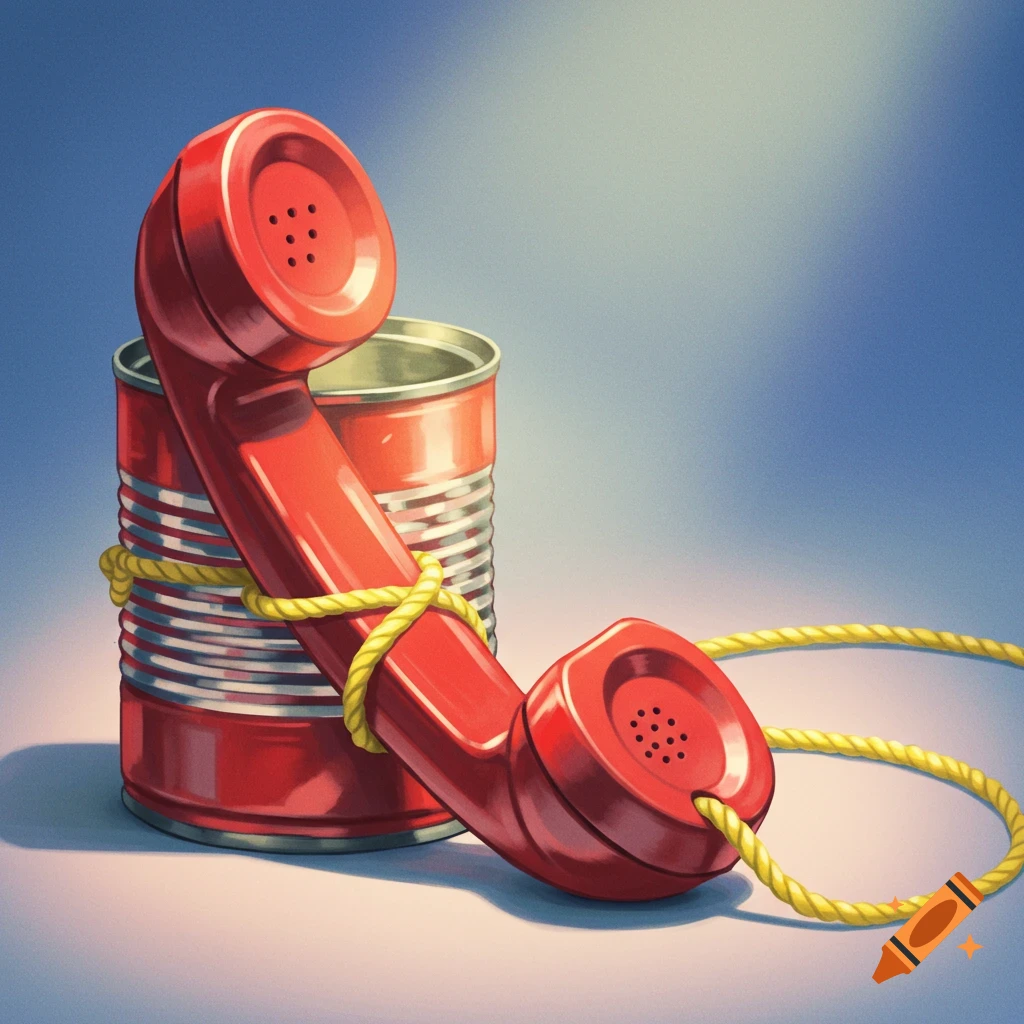 A red phone receiver tied to a metallic tin can with yellow string.