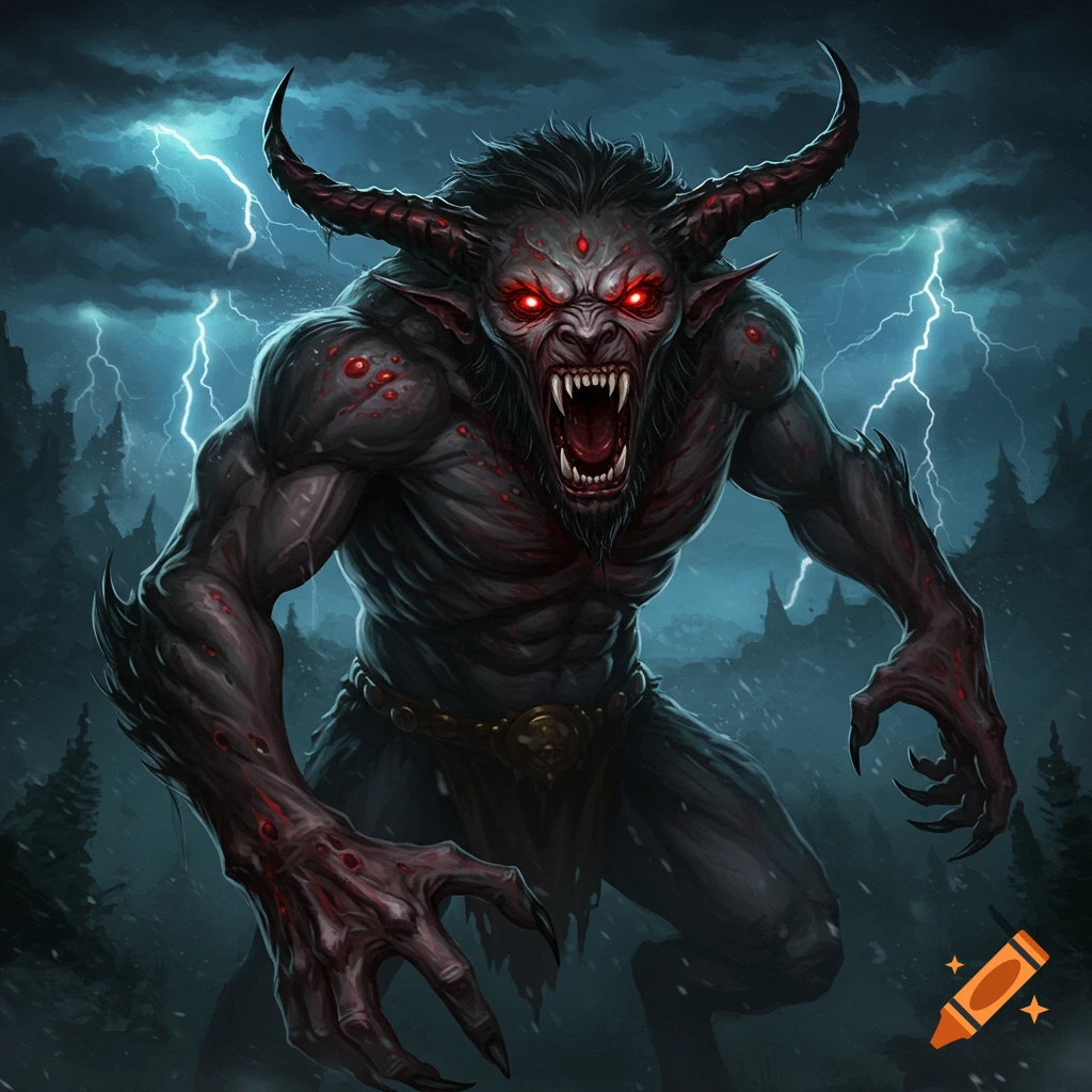 A scary horned monster with red eyes and claws stands in a stormy forest.