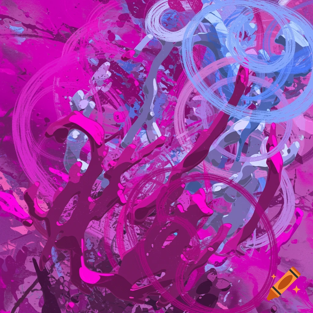 An abstract painting with splashes, drips, and swirls of pink, purple, and blue colors.