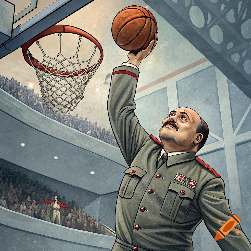 Illustration of a man resembling Mussolini in uniform dunking a basketball in a stadium.