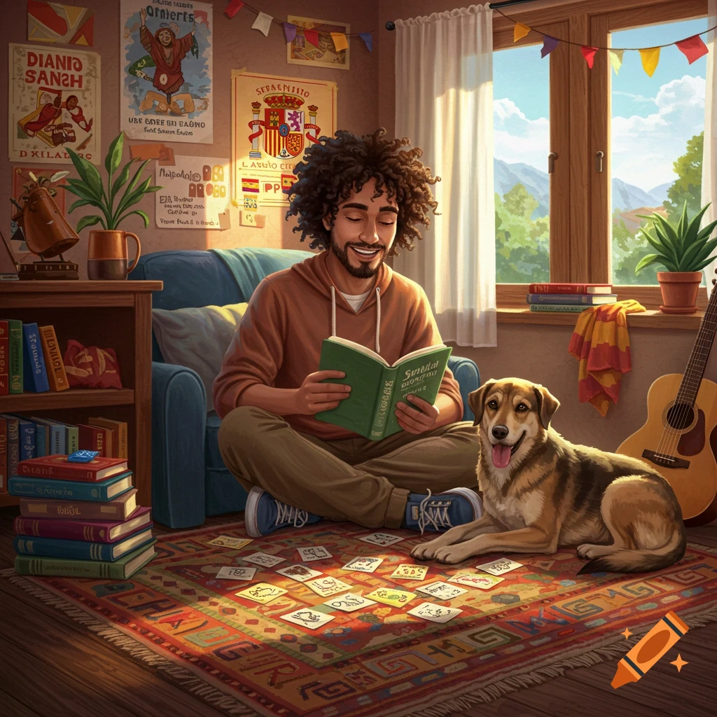 A man reads a book while sitting on a rug with his dog beside him in a room filled with posters and cards.