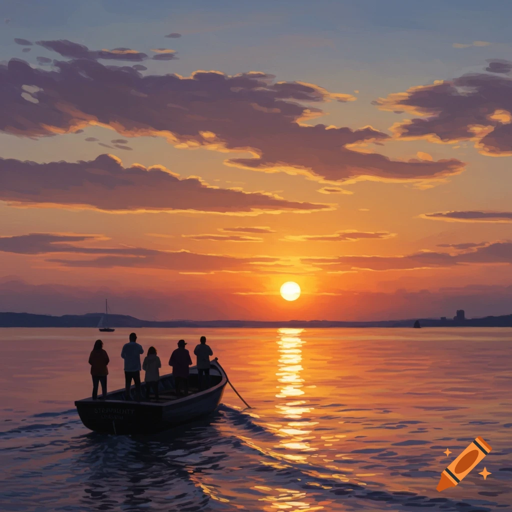 Oil painting of people on a boat at sunset