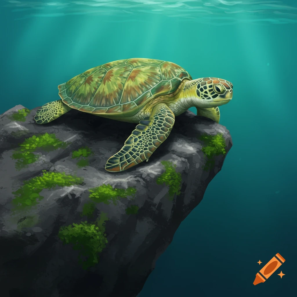 An illustration of a sea turtle on a rock underwater