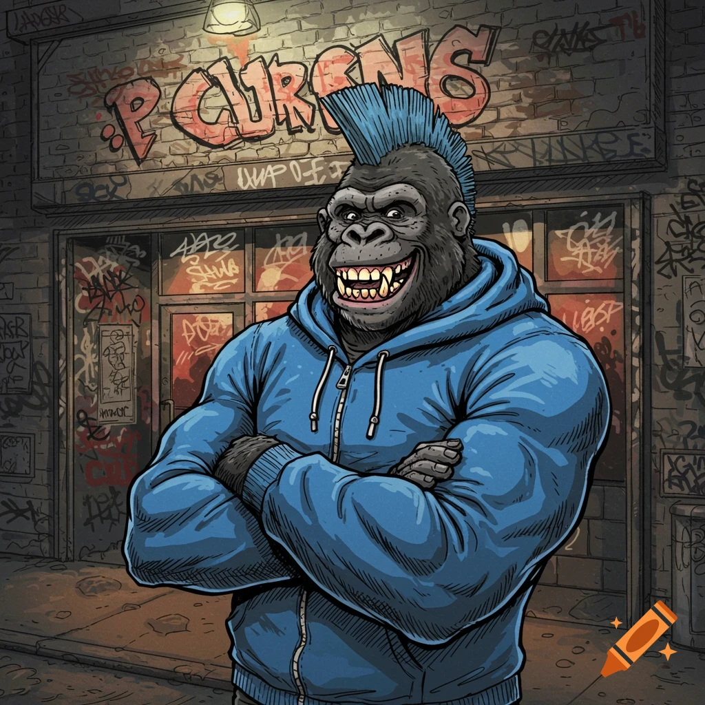 Muscular gorilla in blue hoodie and mohawk standing outside graffiti-covered punk club.