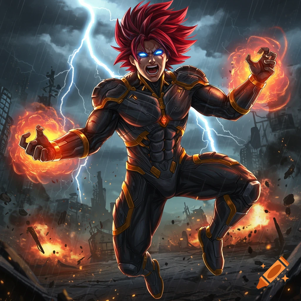 Strong anime character with red hair, glowing eyes, using fire powers in a storm over a destroyed city.