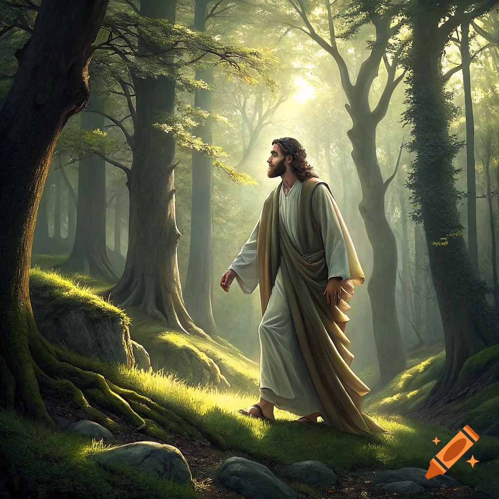 A man in robes walks through a sunlit forest.
