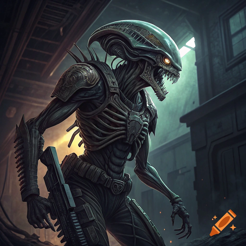 A menacing alien creature with armour and a rifle stands in a dark, industrial setting.
