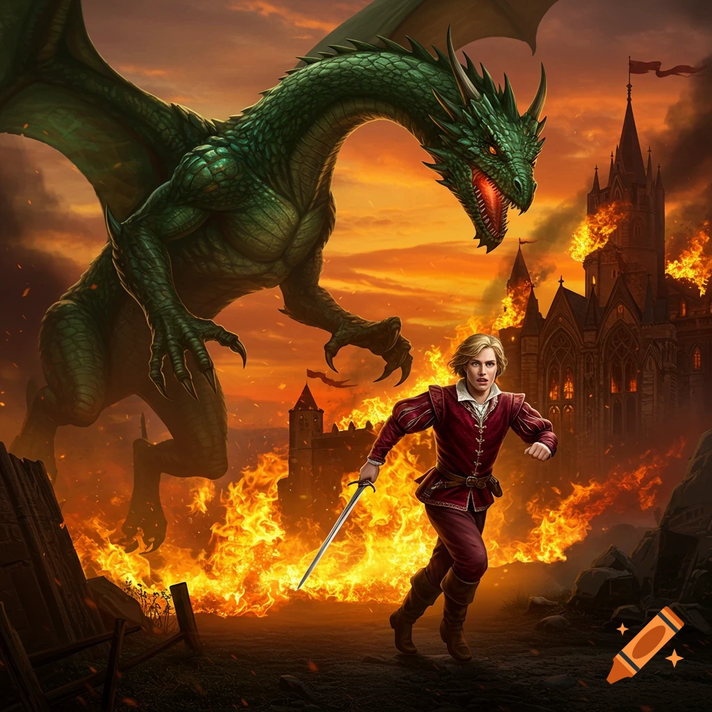 Person running from a large green dragon as a castle burns behind them.
