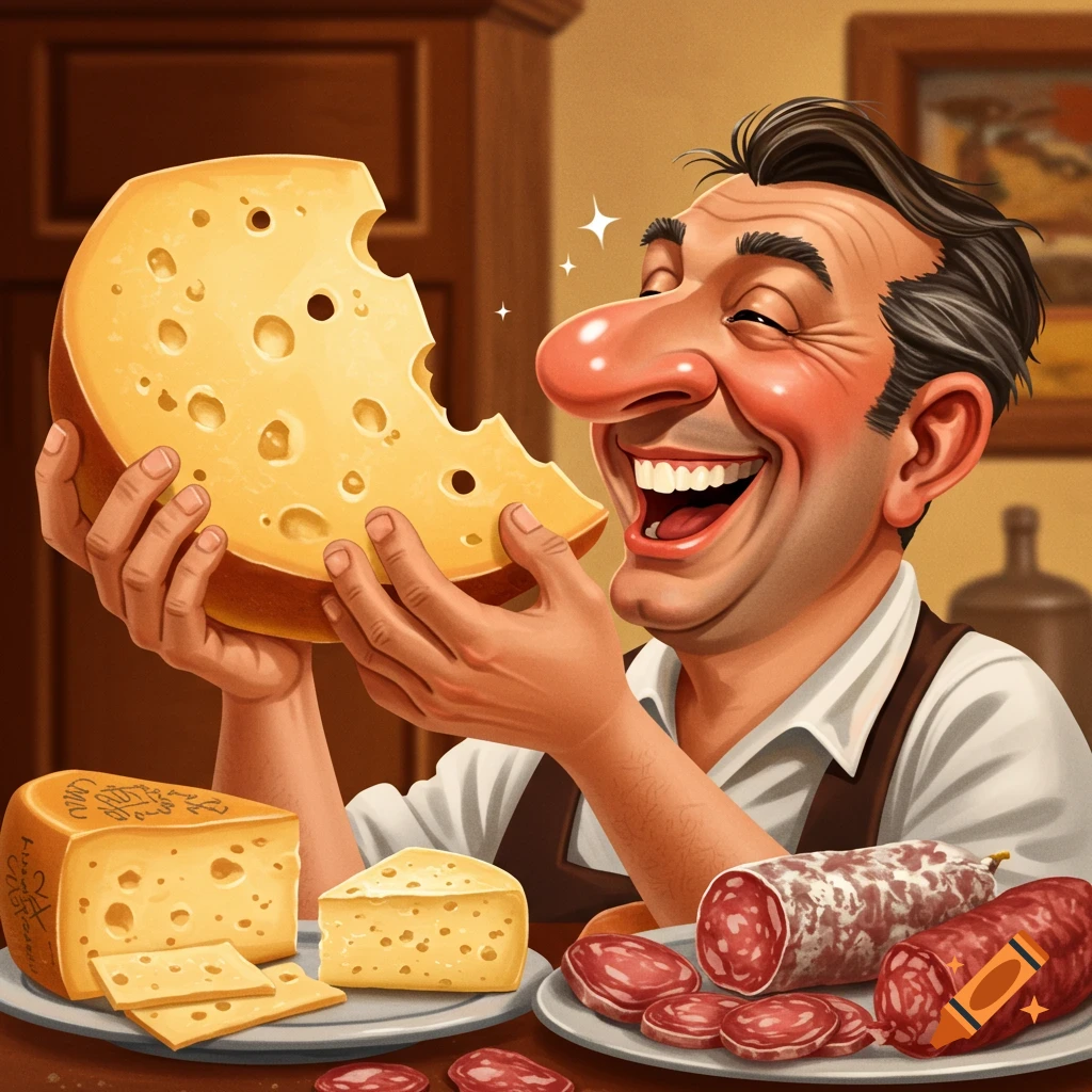 Cartoon man with a big nose laughing while holding a large slice of cheese, with cheese and salami on plates nearby.