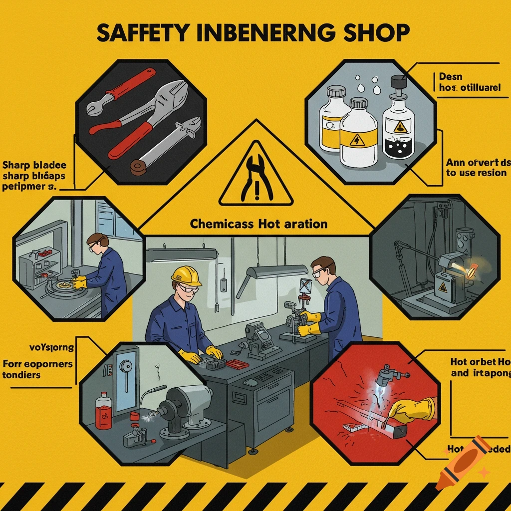Engineering shop safety poster with sharp tools, chemicals, and hot equipment warnings