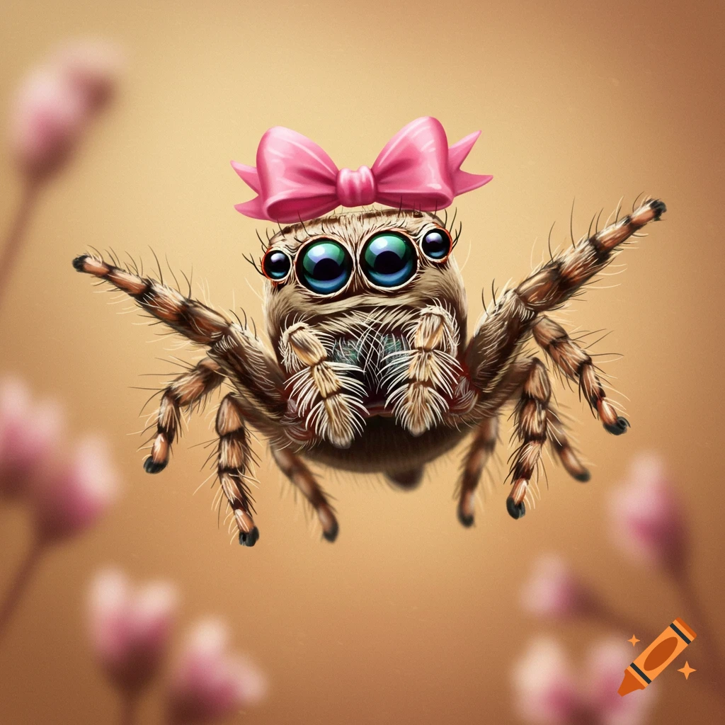Cute illustration of a jumping spider with big eyes and a pink bow