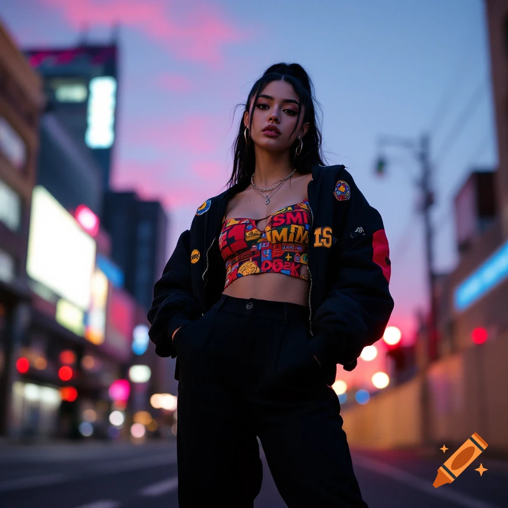 Young woman in streetwear outfit poses in an urban street at dusk.