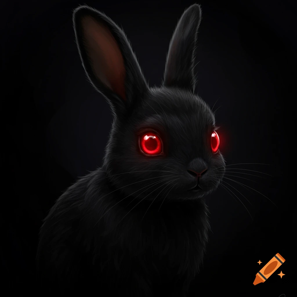A black rabbit with glowing red eyes sits in darkness.