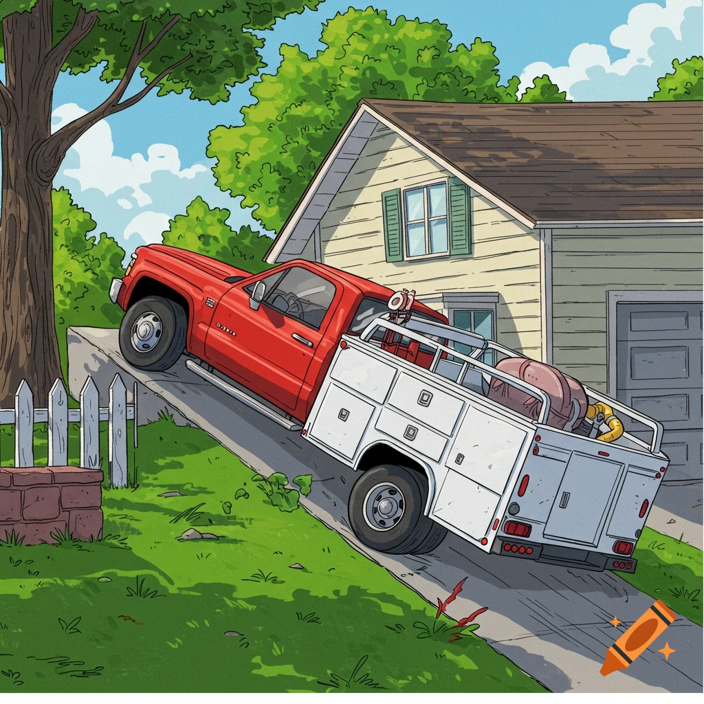 Red truck with white toolbody and enclosed trailer sliding sideways towards a house