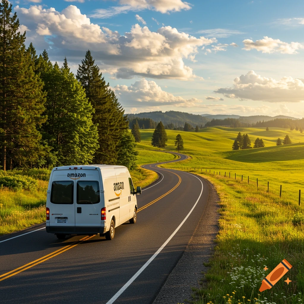 Amazon van on country road in Oregon