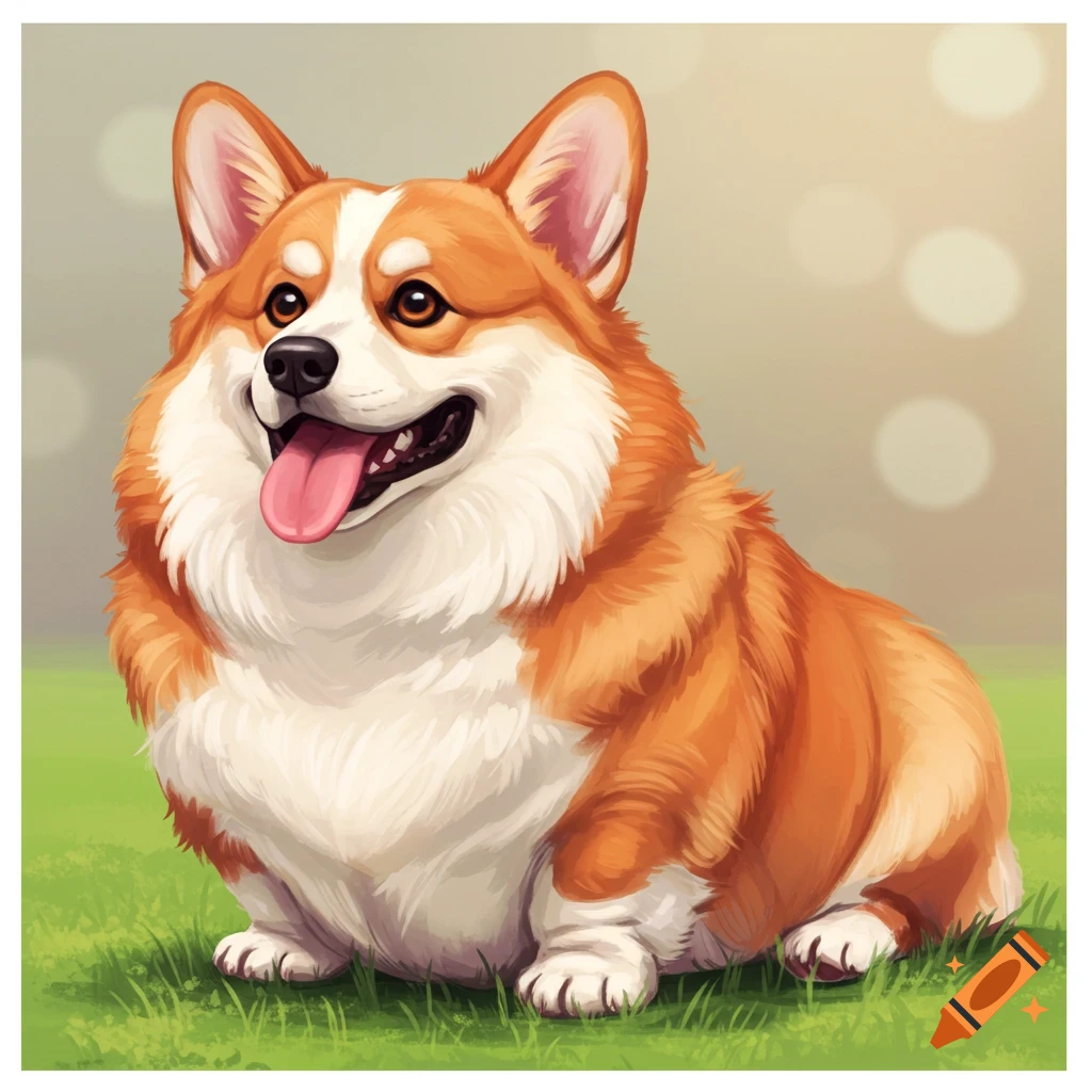 An illustration of a fat corgi dog sitting on grass.