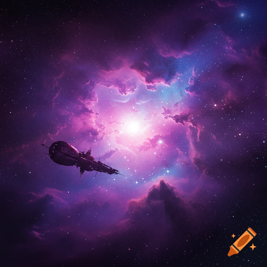 A spaceship flies through a vibrant purple and blue nebula in space.