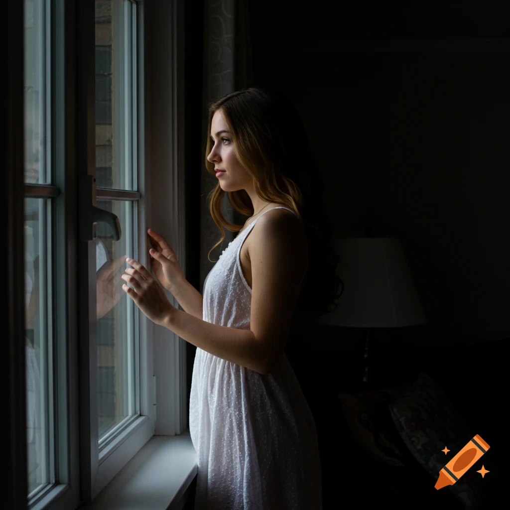 Young woman in white dress looking out a window in a dark room.