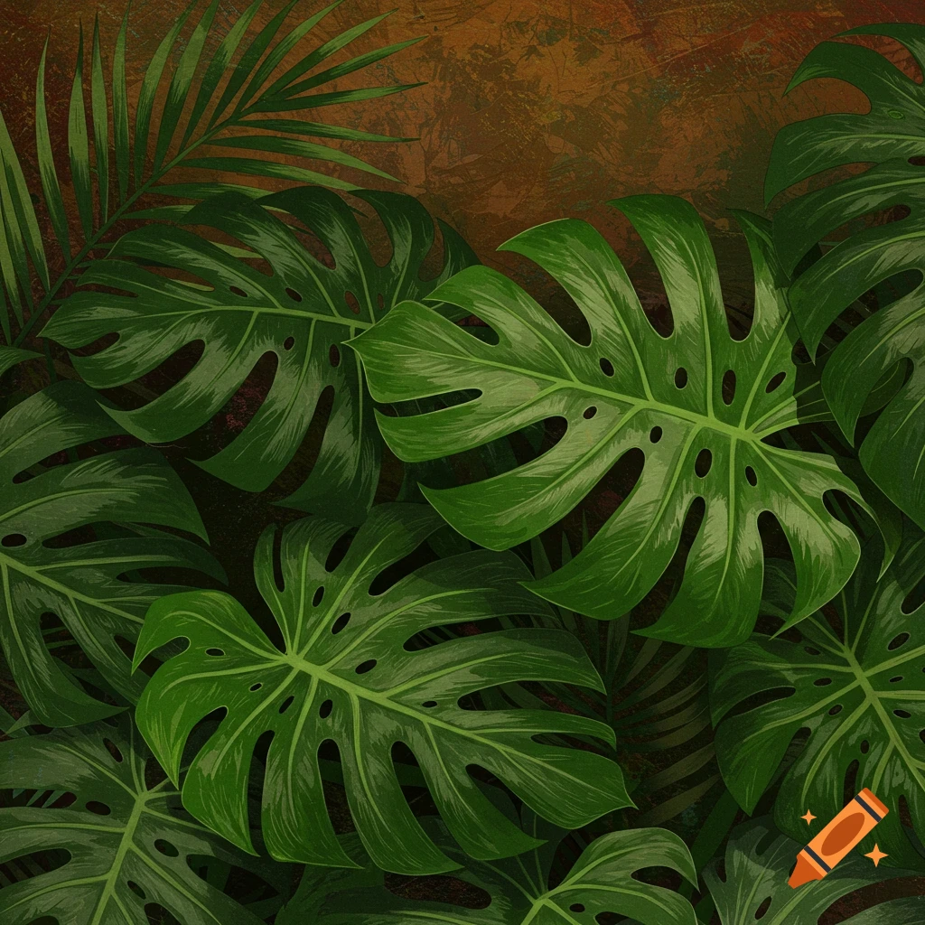 Dense arrangement of vibrant green tropical leaves on a textured, earthy background