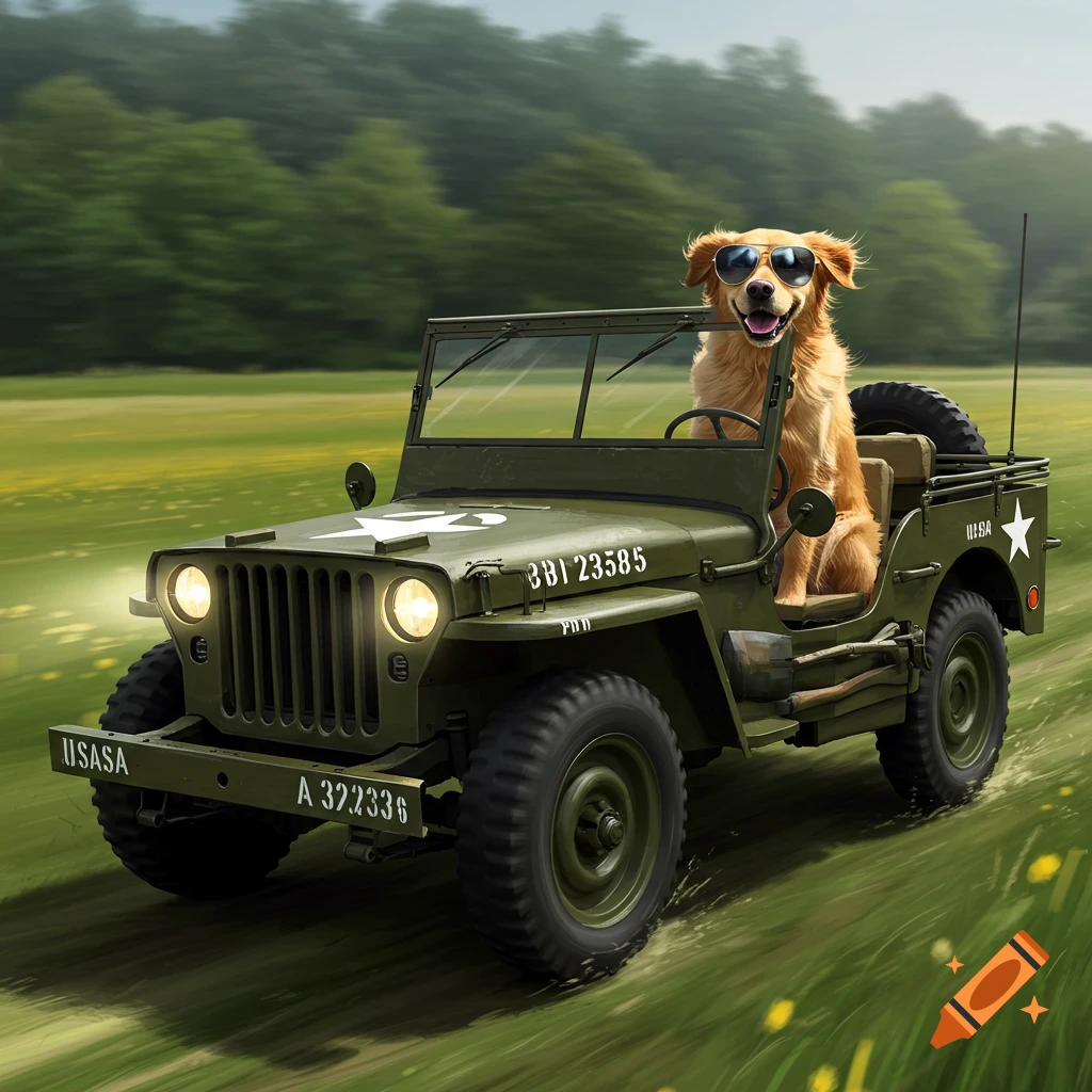 A golden retriever wears sunglasses and drives a military jeep through a grassy field.
