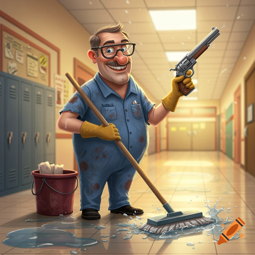 Cartoon janitor mopping with a gun