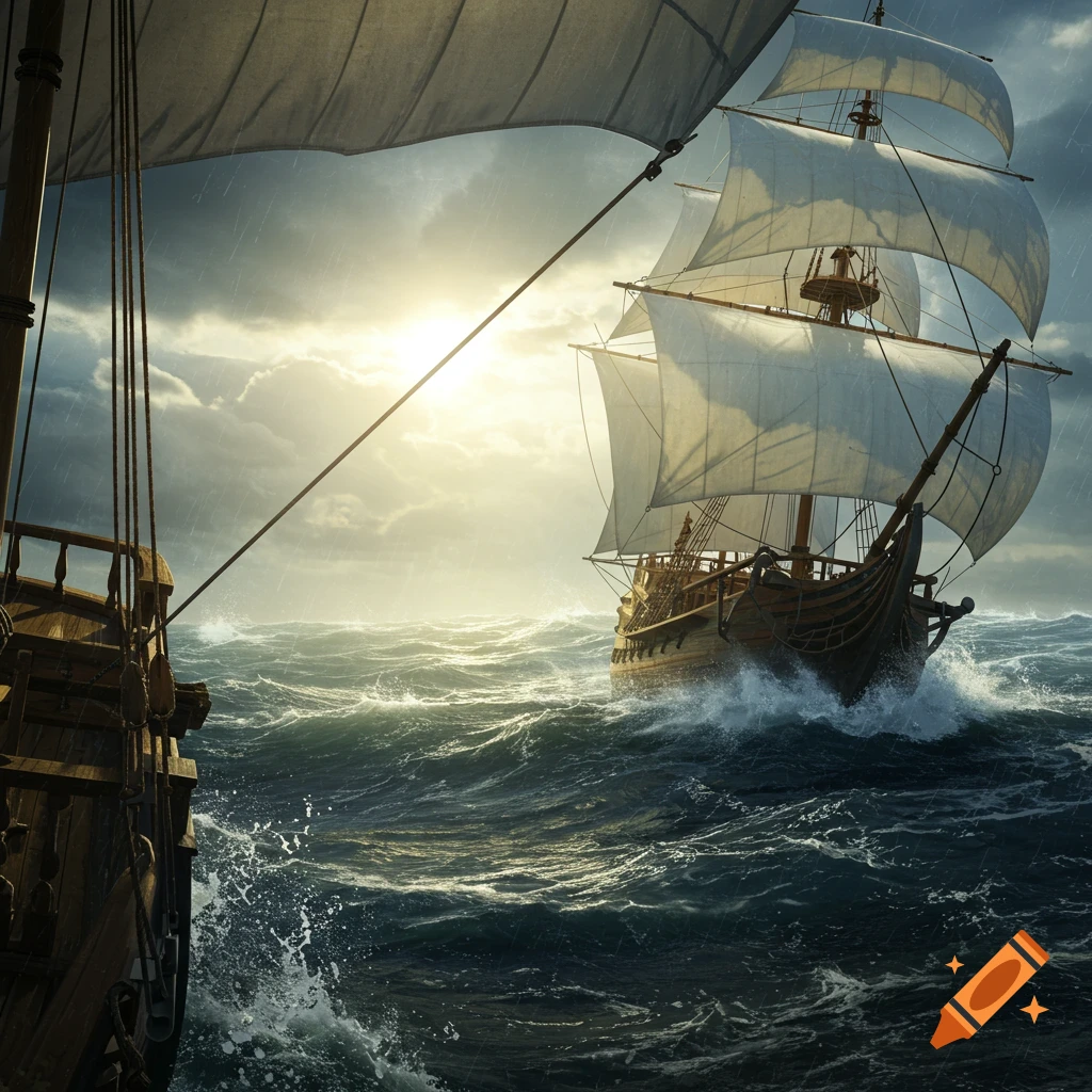 A caravel ship sails through a stormy ocean with dramatic lighting