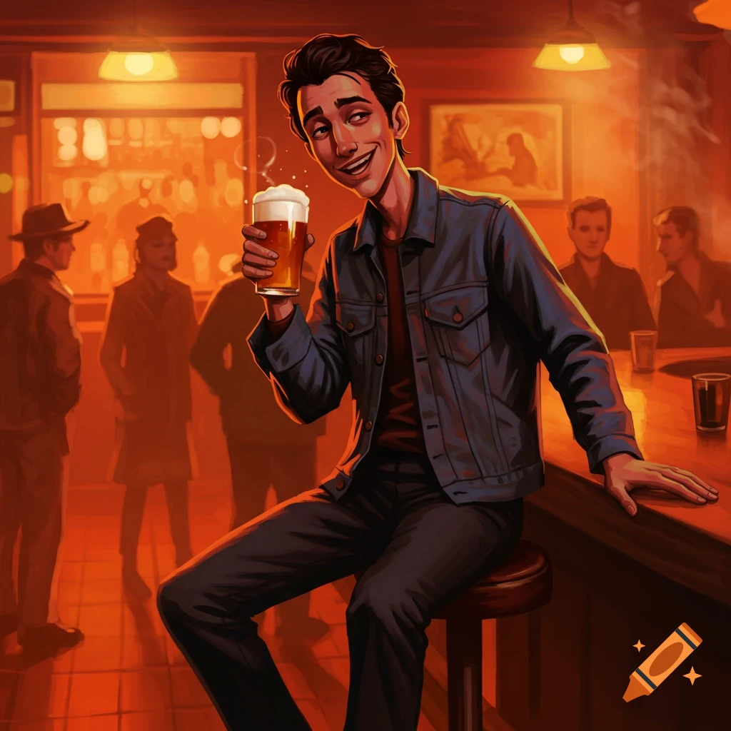 Illustrative image of a man sitting at a bar holding a beer, with blurry figures in the background.