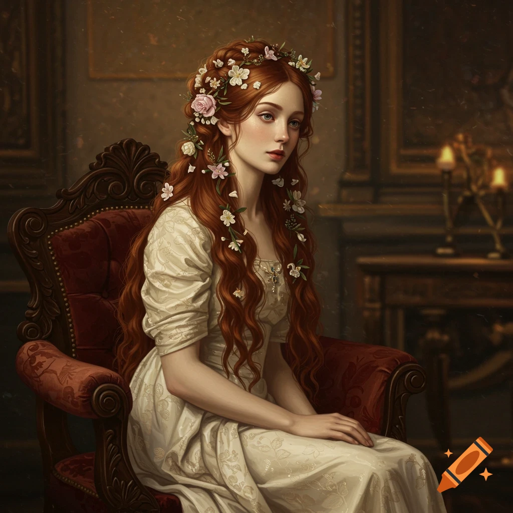 Portrait of a woman with red hair and flowers sitting in a chair