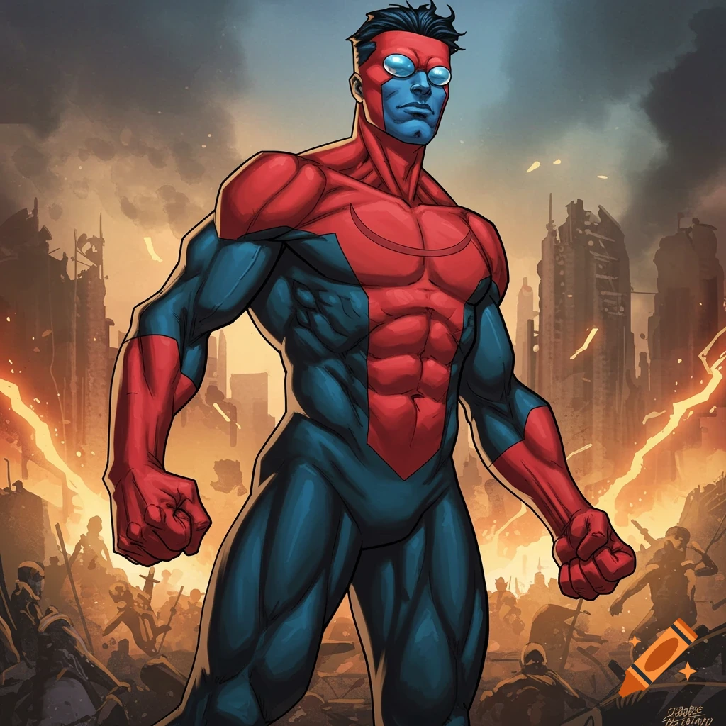 A comic book style illustration of a superhero in a red and blue suit with goggles, standing in front of a destroyed city.