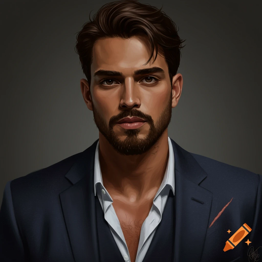 Portrait of a man with dark hair and beard wearing a suit and white shirt.