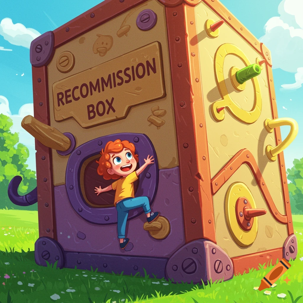 Cartoon child climbing on a large, colorful box in a field.