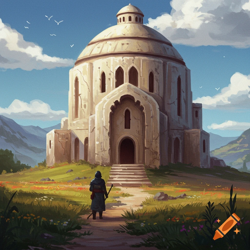 Figure approaches a large domed building in a grassy valley under a cloudy sky