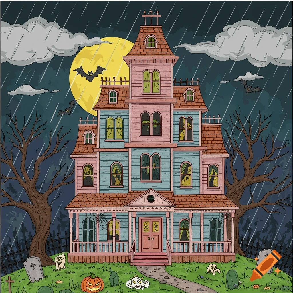 Cartoon illustration of a haunted house with bats and graves on a stormy Halloween night, styled like a coloring page.