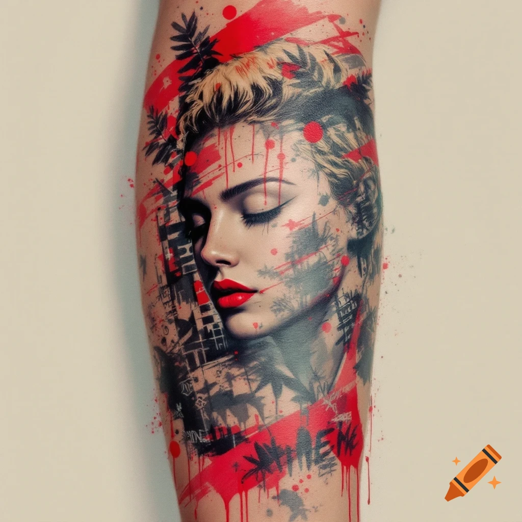 A tattoo design on a limb featuring a portrait of a woman with closed eyes and red lips, surrounded by abstract red and black graphic elements.