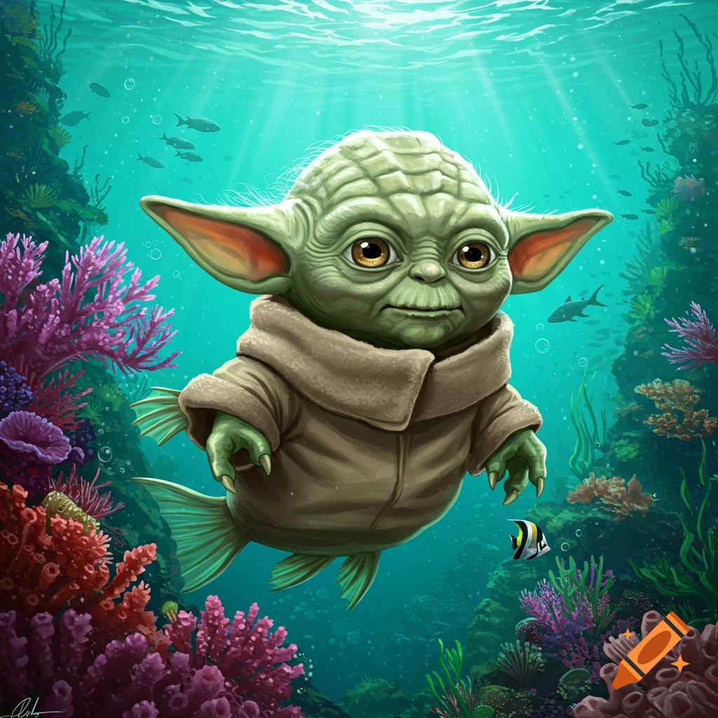 Illustration of a fish-like Yoda character swimming underwater among coral reefs.