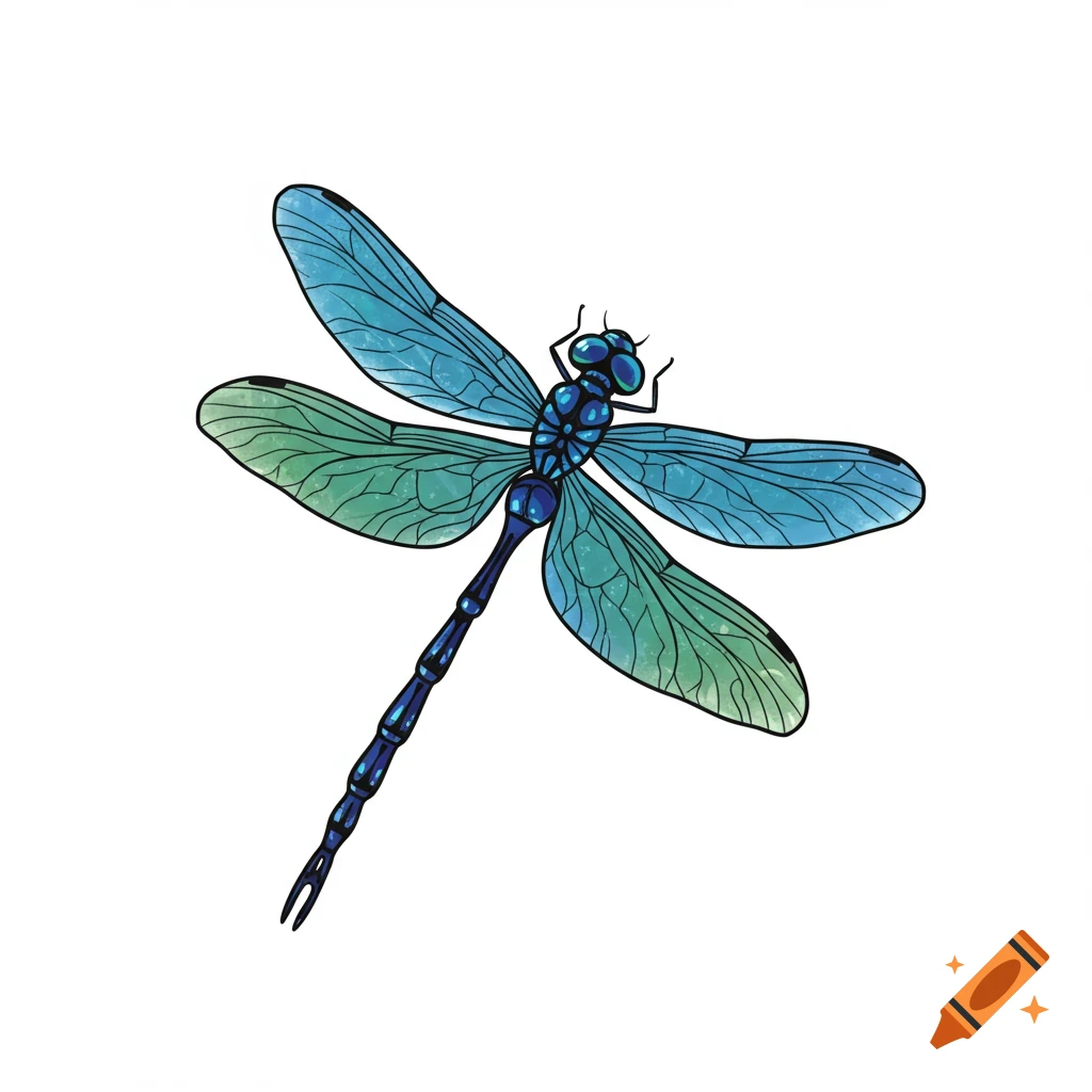 An illustration of a blue and green dragonfly with black outlines.
