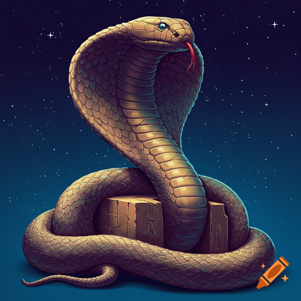 Giant statue of a king cobra wrapping around an Egyptian statue
