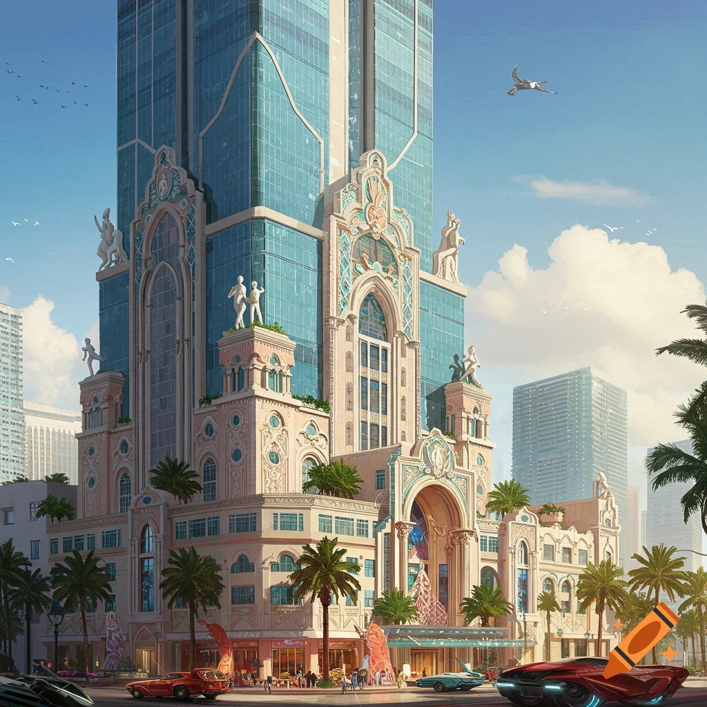 A futuristic skyscraper with baroque details overlooks a city street with palm trees and stylized cars.