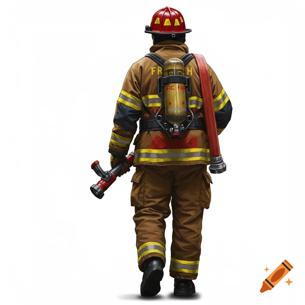 Clip art illustration of a fireman walking away, back facing, holding a hose nozzle.