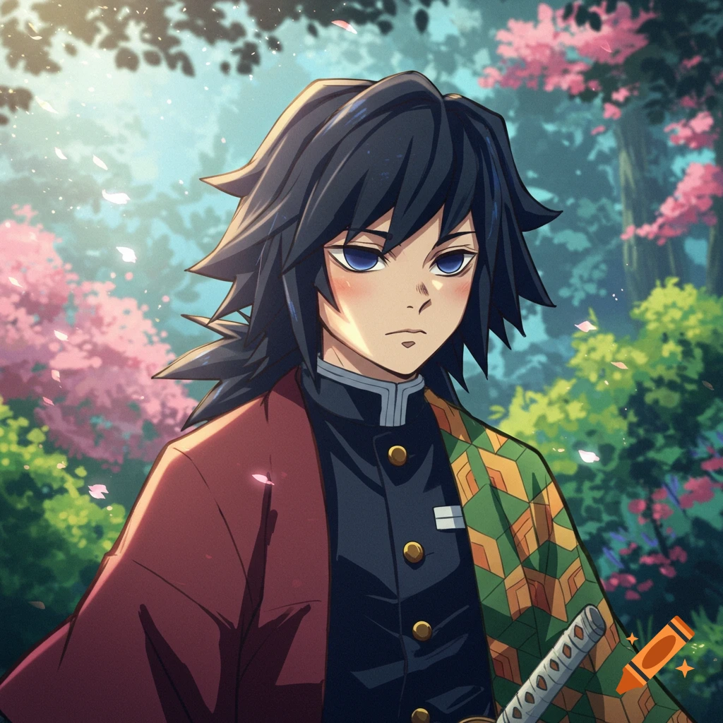 Giyu Tomioka from Demon Slayer in Studio Ghibli style anime illustration