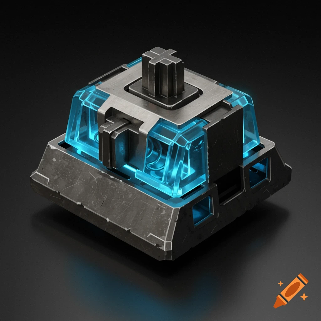 Extremely detailed image of a mechanical keyboard switch with a blue translucent top.