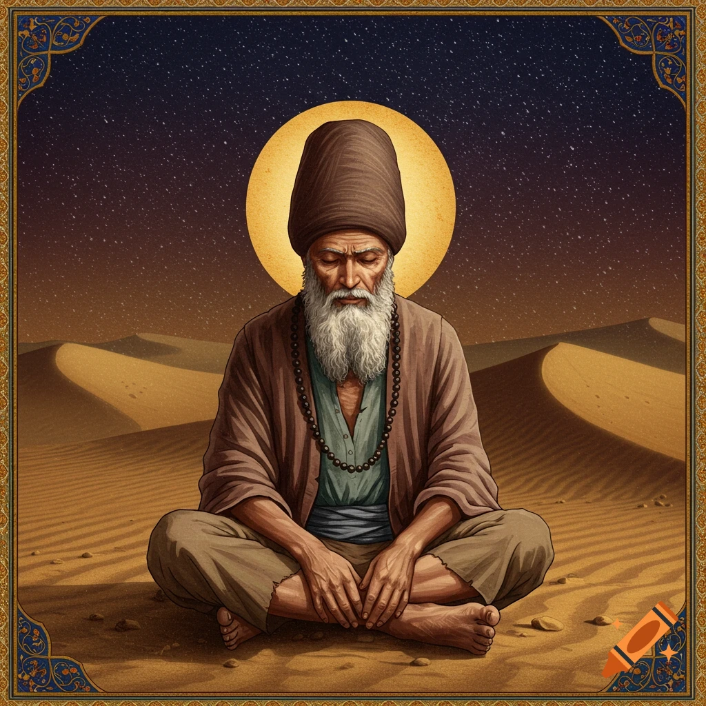 Old mystic meditating in a desert under a starry sky, illustration with ornate border.