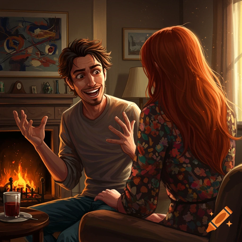 Illustration of man talking to woman by fireplace