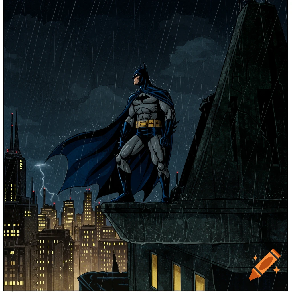Cell-shaded illustration of Batman standing on a rooftop in the rain, overlooking a city skyline at night.